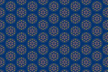 Zarif tekstil veya duvar kağıdı tasarımı için ideal, koyu mavi arka planda yumuşak pembe ve altın renkli eşit aralıklı mandala tarzı motifler içeren minimal bir çiçek deseni.