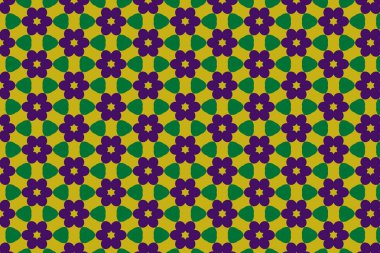 Sarı arka planda soyut, dikişsiz mor ve yeşil çiçek deseni var.