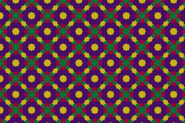 Süslü baskı tekstil için idealdir. Kalın bir geometrik yeşil, sarı arka planda menekşe çiçeği deseni. Dekoratif desen.