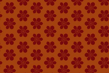 Turuncu arka planda soyut, dikişsiz kırmızı geometrik çiçek deseni