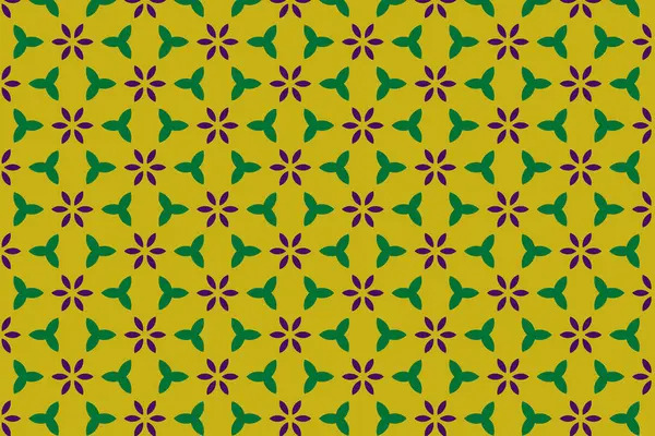 Sarı arka planda soyut, dikişsiz mor ve yeşil çiçek deseni var.