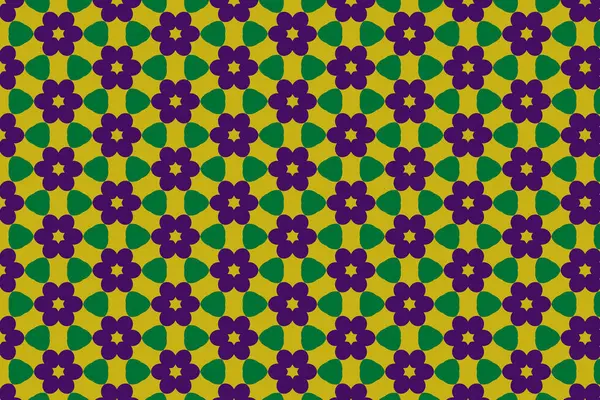 Sarı arka planda soyut, dikişsiz mor ve yeşil çiçek deseni var.