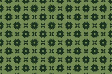 Çiçek patlamaları ve hilal elementlerinin ritmik ve köşegen bir düzende sıralandığı çarpıcı yeşil bir desen..