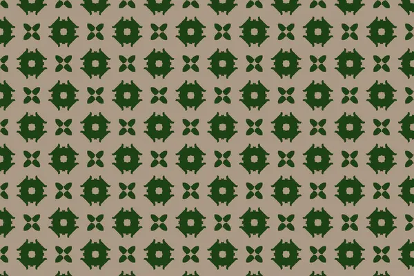 Çiçek patlamaları ve hilal elementlerinin ritmik ve köşegen bir düzende sıralandığı çarpıcı yeşil bir desen..