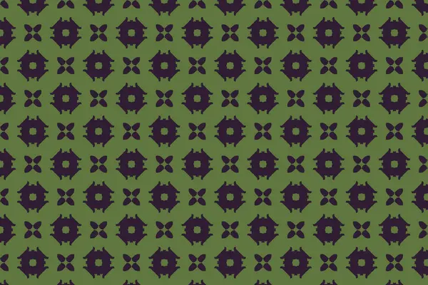Çarpıcı yeşil ve mor desenli çiçek patlamaları ve hilal elementleri ritmik, çapraz düzende sıralanmış..