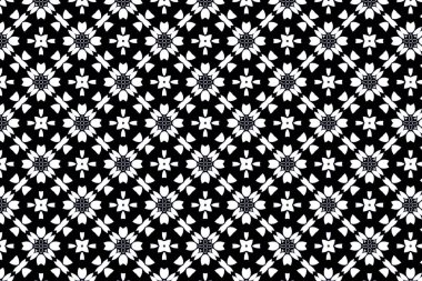 Kalıplı beyaz tuval, gölgeli siyah çiçekli kumaşlarla örülmüş..