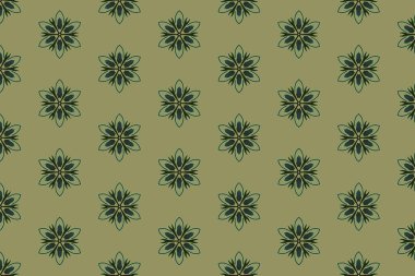 Zarif tekstil veya duvar kağıdı tasarımı için ideal, koyu mavi arka planda yumuşak altından yapılmış eşit aralıklı mandala tarzı motifler içeren minimal bir çiçek deseni