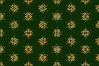 Zarif tekstil veya duvar kağıdı tasarımı için ideal, koyu mavi arka planda yumuşak altından yapılmış eşit aralıklı mandala tarzı motifler içeren minimal bir çiçek deseni