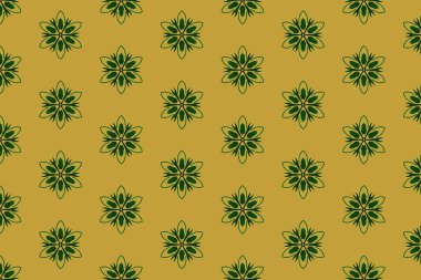 Zarif tekstil veya duvar kağıdı tasarımı için ideal, koyu mavi arka planda yumuşak altından yapılmış eşit aralıklı mandala tarzı motifler içeren minimal bir çiçek deseni