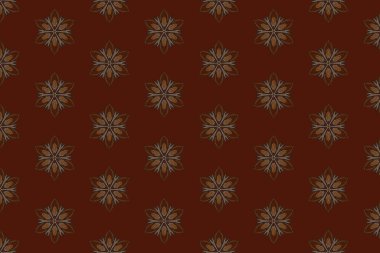 Zarif tekstil veya duvar kağıdı tasarımı için ideal, koyu mavi arka planda yumuşak altından yapılmış eşit aralıklı mandala tarzı motifler içeren minimal bir çiçek deseni