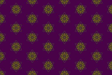 Zarif tekstil veya duvar kağıdı tasarımı için ideal, koyu mavi arka planda yumuşak altından yapılmış eşit aralıklı mandala tarzı motifler içeren minimal bir çiçek deseni