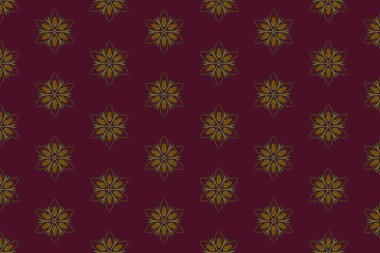 Zarif tekstil veya duvar kağıdı tasarımı için ideal, koyu mavi arka planda yumuşak altından yapılmış eşit aralıklı mandala tarzı motifler içeren minimal bir çiçek deseni