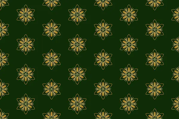 Zarif tekstil veya duvar kağıdı tasarımı için ideal, koyu mavi arka planda yumuşak altından yapılmış eşit aralıklı mandala tarzı motifler içeren minimal bir çiçek deseni