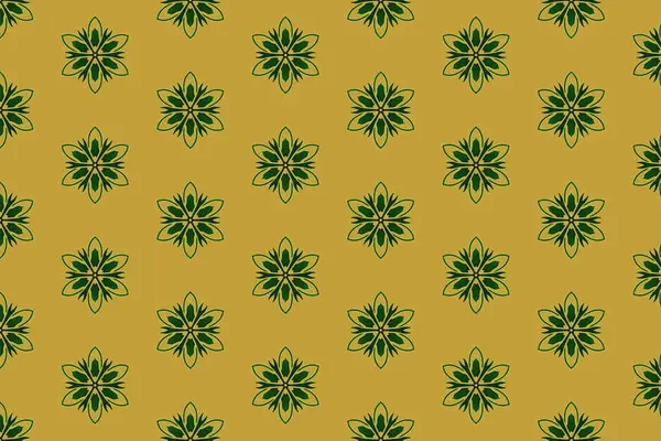 Zarif tekstil veya duvar kağıdı tasarımı için ideal, koyu mavi arka planda yumuşak altından yapılmış eşit aralıklı mandala tarzı motifler içeren minimal bir çiçek deseni