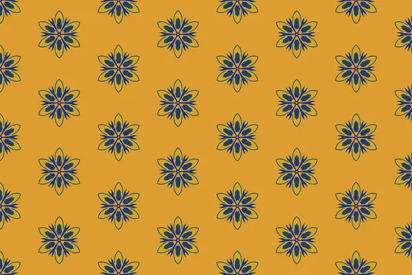 Zarif tekstil veya duvar kağıdı tasarımı için ideal, koyu mavi arka planda yumuşak altından yapılmış eşit aralıklı mandala tarzı motifler içeren minimal bir çiçek deseni