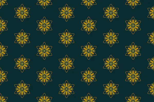 Zarif tekstil veya duvar kağıdı tasarımı için ideal, koyu mavi arka planda yumuşak altından yapılmış eşit aralıklı mandala tarzı motifler içeren minimal bir çiçek deseni