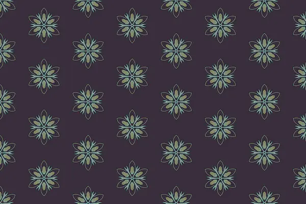 Zarif tekstil veya duvar kağıdı tasarımı için ideal, koyu mavi arka planda yumuşak altından yapılmış eşit aralıklı mandala tarzı motifler içeren minimal bir çiçek deseni