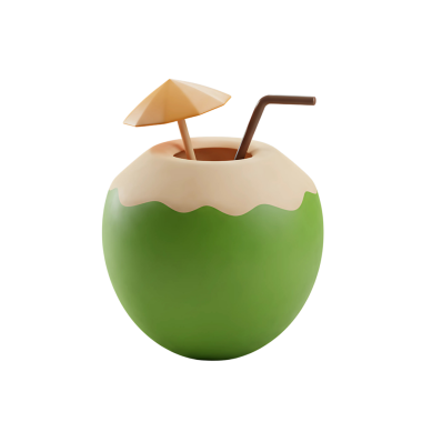 Genç yeşil hindistan cevizli, kamış ve küçük kağıt şemsiyeli 3 boyutlu bir ikon. Yaz, sahil, tropikal ve içkiyle ilgili tasarımlar için mükemmel..