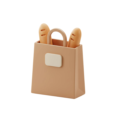 İçinde iki kabuklu baget bulunan bronz bir alışveriş çantasının 3 boyutlu sembol. Fırın, yemek, alışveriş ve marketle ilgili tasarımlar için mükemmel..