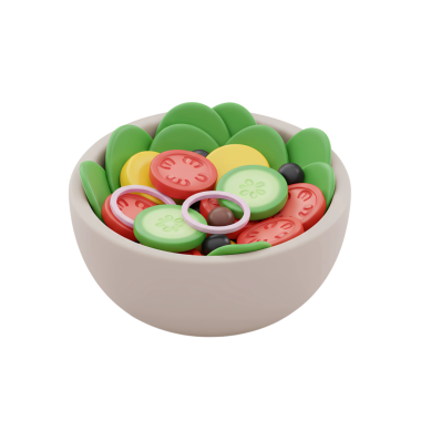 Açık bej bir kasede salatanın taze ve renkli üç boyutlu simgesi, marul, domates dilimleri, salatalık dilimleri, soğan halkaları, sarı dolmalık biber parçaları ve siyah zeytinler. Sağlıklı beslenme, yemek, vejetaryen ve diyetle ilgili tasarımlar için mükemmel.