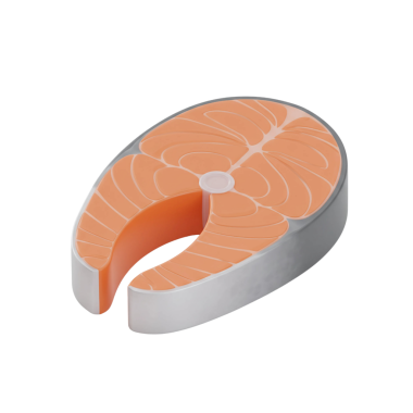 Pembe eti ve beyaz yağlı çizgileri olan taze somon bifteğinin üç boyutlu simgesi. Deniz ürünleri, yemek, sağlıklı beslenme ve yemek pişirme için mükemmel..