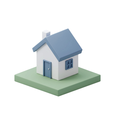 Mavi çatısı, kapısı, penceresi, beyaz duvarları ve açık yeşil bir zeminde duran bacası olan küçük bir evin basit ve büyüleyici üç boyutlu simgesi. Gayrimenkul, ev, mülk ve aile tasarımları için mükemmel..