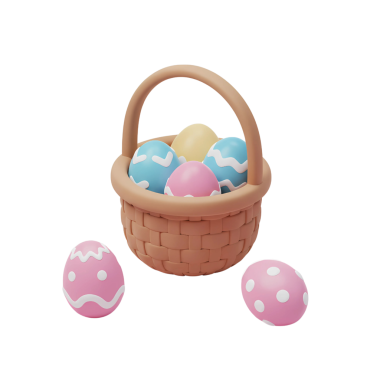 Süslü Paskalya yumurtalarıyla dolup taşan 3 boyutlu bir Paskalya sepetinin sembolik ve etrafına saçılmış yumurtaları. Tatil, bahar, kutlama ve şenlikli tasarımlar için mükemmel. Kolay bütünleşme için şeffaf arkaplan.