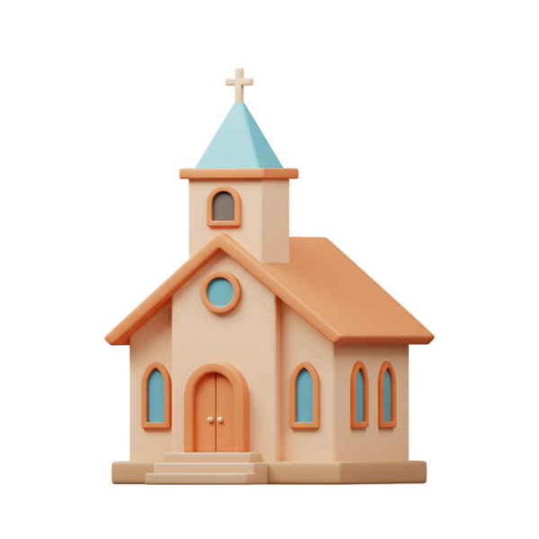 Çan kulesi, haçı, kemerli pencereleri ve çift kapılı kapısı olan ilginç bir kilisenin 3 boyutlu ikonu. Din, Hristiyanlık, inanç ve toplumla ilgili tasarımlar için mükemmel..