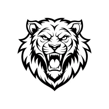 Şiddetli bir ifade, keskin detaylar ve güç ve hakimiyeti temsil eden bir kalkan ana hatlı siyah beyaz bir aslan başı logosu..