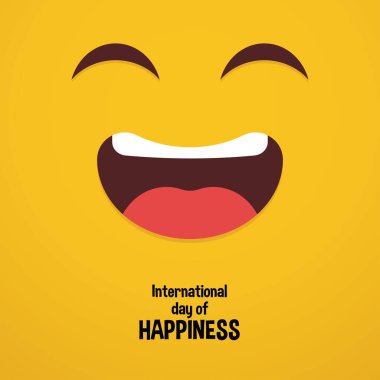 Uluslararası Mutluluk Günü için minimalist ve neşeli bir tasvir. Parlak sarı arka planlı, büyük, neşeli bir emoji suratı var..