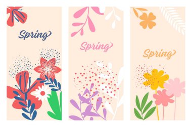 İlkbaharın minimalist ve renkli temsili, canlı çiçekler ve yumuşak pastel tonların yer aldığı, her bir kart arka planında 
