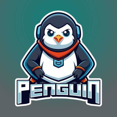 Fütürist zırhı ve kulaklığı olan vahşi penguen maskotu. Aşağıda kalın metin logosu var..