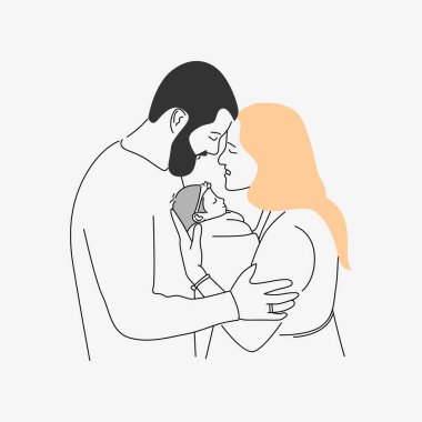 Anne, baba ve bebeğin el çizimi.