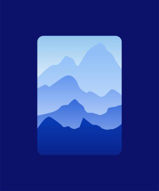 Sis ve ormanlı güzel dağ manzarasının vektör çizimi. Dağlarda gün doğumu ve gün batımı