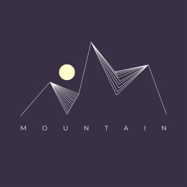 Dağ ve güneş silueti - vektör simgesi. Rocky tepeleri. Dağlar sıralanır. Siyah beyaz dağ logosu