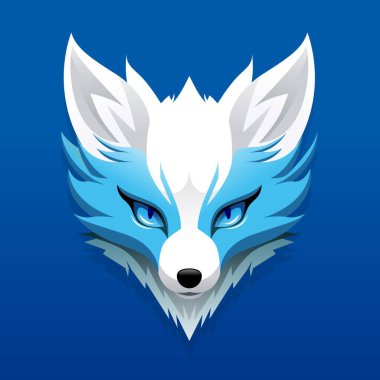 Keskin hatları ve mavi arkaplanda yoğun gözleri olan biçimlendirilmiş mavi ve beyaz tilki kafasının vektör çizimi