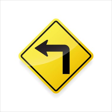 Sol keskin viraj uyarı yolu vektörü. Trafik güvenliği ve seyrüsefer için sarı elmas levhada düz dizayn.