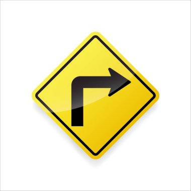 Sağ keskin viraj uyarı yol işareti vektörü. Trafik güvenliği ve seyrüsefer için sarı elmas levhada düz dizayn.