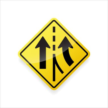 Ek şerit levhasının vektör çizimi. Sarı elmas şekilli trafik uyarı levhası sürücülere yeni bir şeridin birleşmeden ana yola gireceğini bildiriyor..