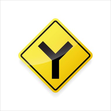 Y kesişim işareti vektörü. Yol güvenliği için sarı elmas trafik işaretinde düz tasarım.