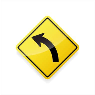 Sol kavis işaretinin vektör çizimi. Sarı elmas şekilli uyarı işareti, sürücülere uyarı vermek için kullanılır..