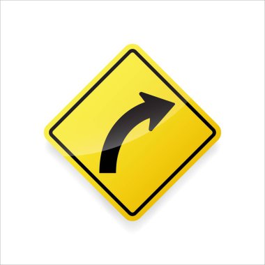 Sağ kavis işaretinin vektör çizimi. Sarı elmas şeklindeki uyarı işareti, sürücüleri yavaş yavaş sağa dönüşe karşı uyarmakta kullanılır..