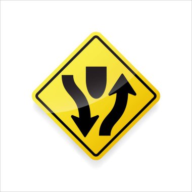 Bölünmüş trafik işaretinin vektör çizimi. Sarı elmas şekilli yol işareti öndeki yolun bir medyan ya da bariyerle bölündüğünü gösteriyor..