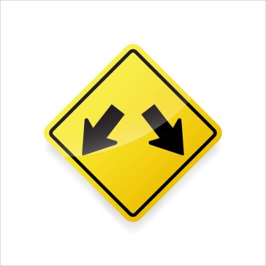 Çift ok uyarı işareti vektörü. Sarı elmas yol işaretinde düz dizayn trafik yönü için.