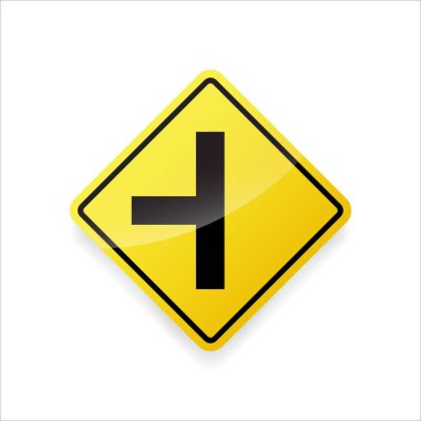 Sol taraf uyarı işareti vektörü. Sarı elmas trafik levhasında düz dizayn Sürücü uyarısı ve yol güvenliği için.