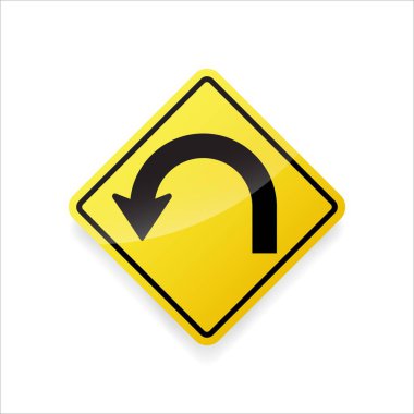 U dönüşü trafik işareti vektörü. Yol güvenliği ve yön için sarı elmas levhada düz dizayn.