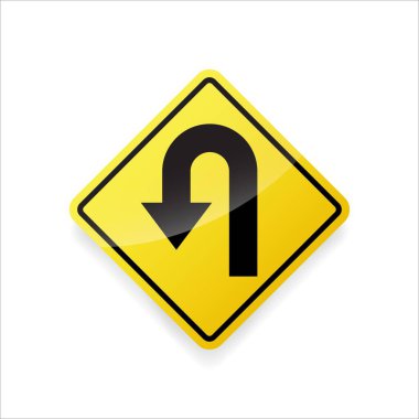 U dönüşü trafik işareti vektörü. Yol güvenliği ve yön için sarı elmas levhada düz dizayn.