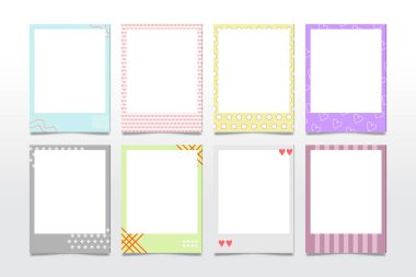 Eğlenceli desenli renkli ve şirin vektör polaroid çerçeveler. Tamamen düzenlenebilir ve eğlenceli fotoğraf kolajları, hatıra defterleri ve yaratıcı dijital projeler için mükemmel..