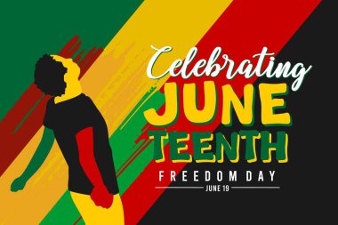 Haziran Özgürlük Günü bayrağı ya da geçmiş kartı. Afro-Amerikan tarihi, kültürü ve özgürleşme ve mirası onurlandıran yıllık ABD bayramını kutluyoruz..