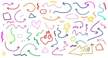 Renkli el yapımı işaret çizgisi elementleri ayarlandı. Fırça darbeleri, kalem darbeleri, kalem altları ve karalama simgeleri. Karalama tarzı kalpler, taçlar ve yıldızlar dahil. Vektör illüstrasyonu.